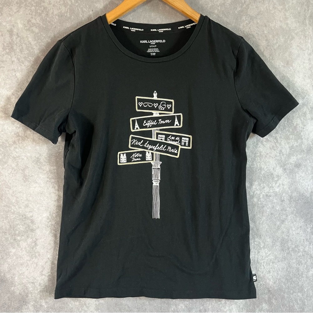 Karl Lagerfeld Paris Shirt Women Small S Black Graphic Print Paris‎ Street Sign